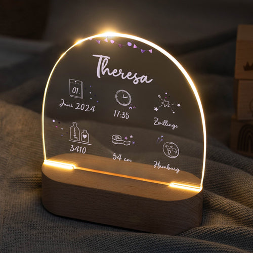 LED Nachtlicht Kinder personalisiert - Geburtsdaten rosa
