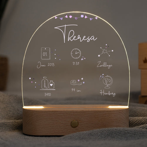 LED Nachtlicht Kinder personalisiert - Geburtsdaten rosa