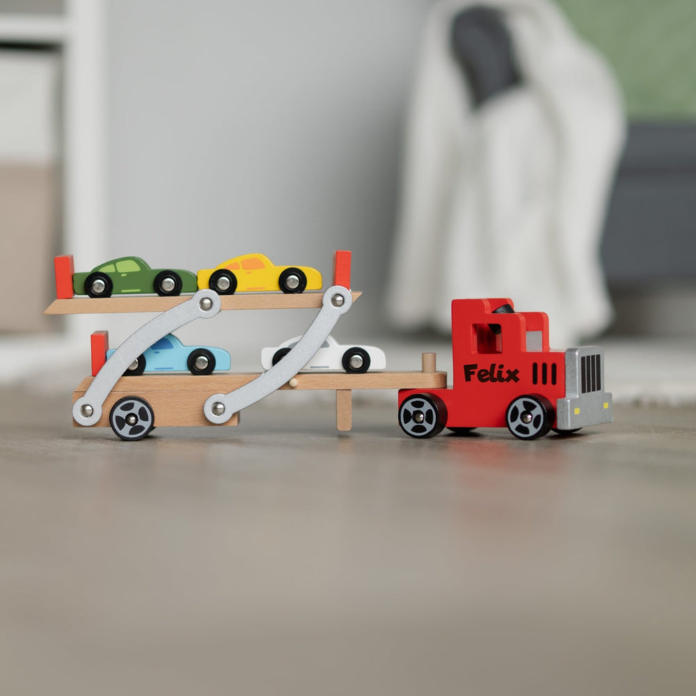 Autotransporter Spielzeug Holz mit Personalisierung - Rot - Muckelmeister