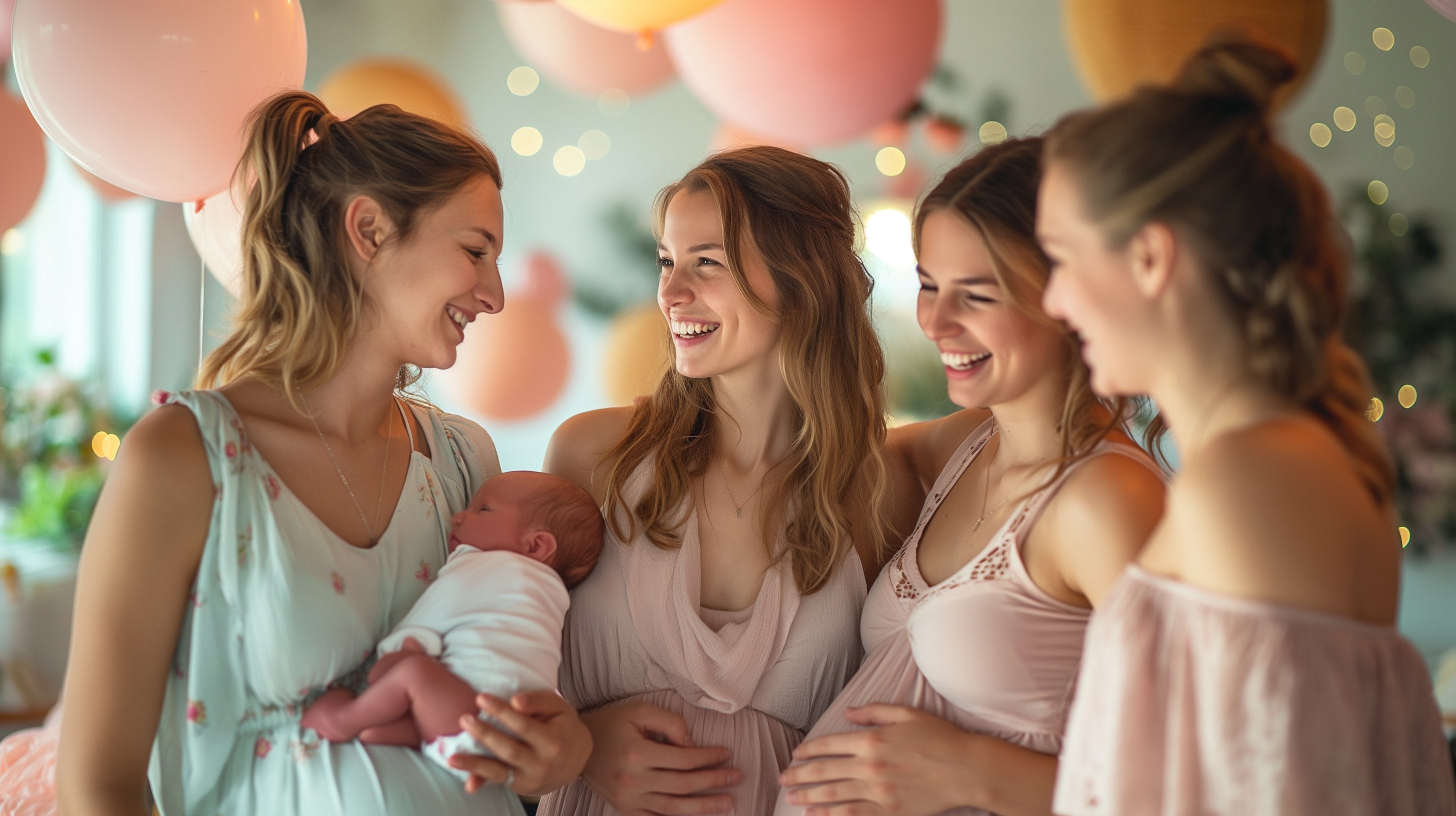 Familie auf Babyparty in geschmücktem Wohnzimmer