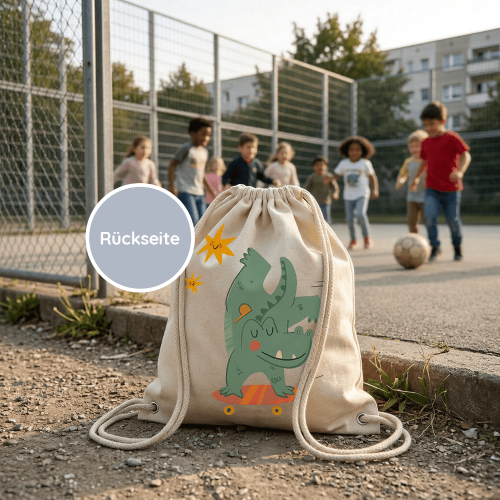 Personalisierter Turnbeutel mit Namen aus Baumwolle – Skater Krokodil - Muckelmeister