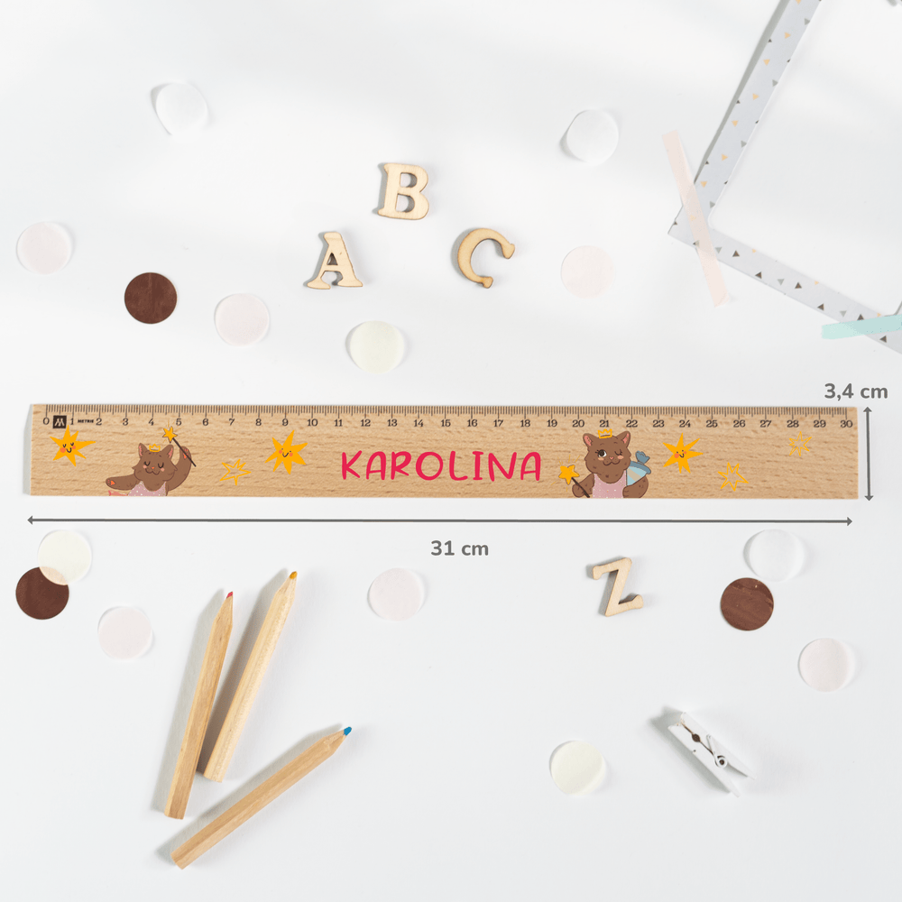 Personalisiertes Holz-Lineal mit Namen – Katzen Ballerina Prinzessin - Muckelmeister