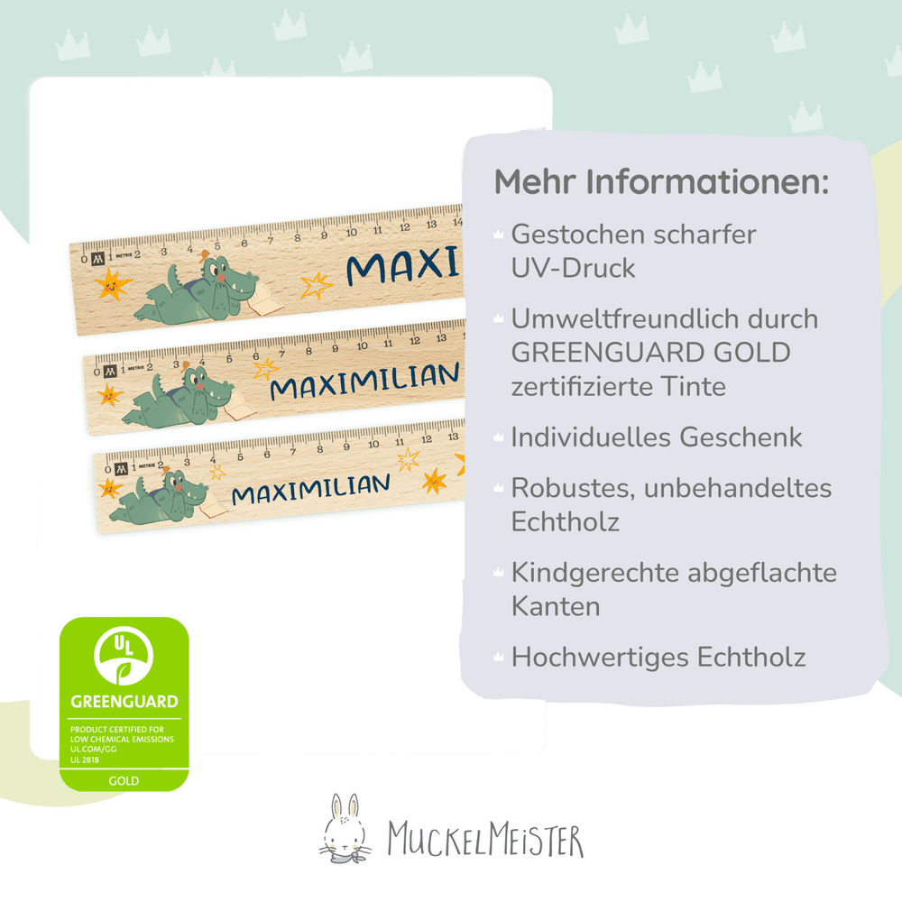 Personalisiertes Holz-Lineal mit Namen – Cooles Skateboard Krokodil - Muckelmeister