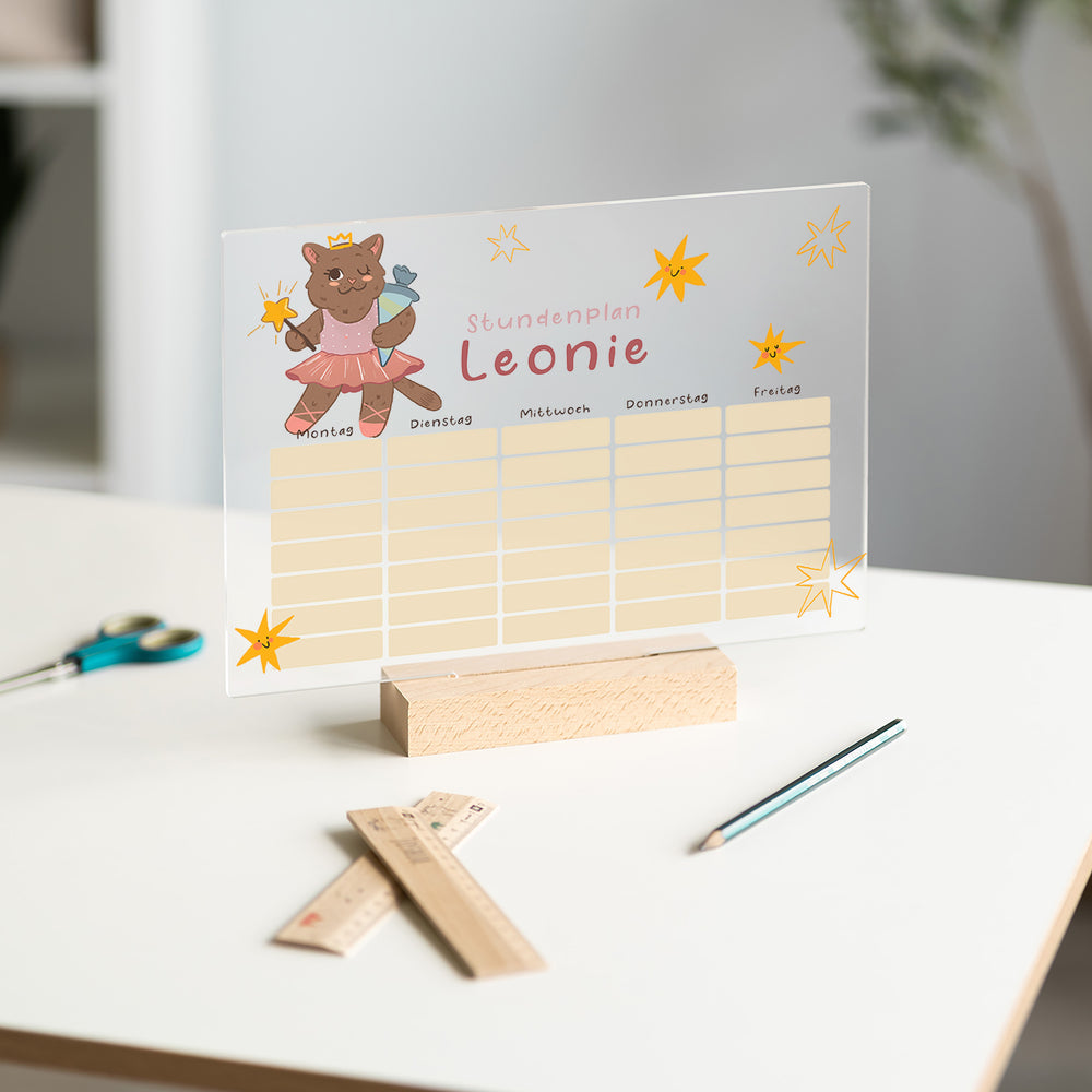 Personalisierter Stundenplan aus Acryl mit Namen – Katzen Ballerina Prinzessin - Muckelmeister