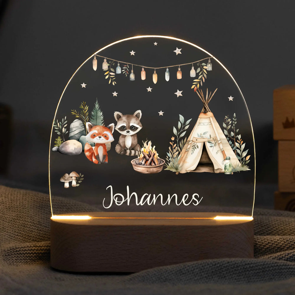 LED Nachtlicht Kinder personalisiert - Lagerfeuer Tiere - Muckelmeister