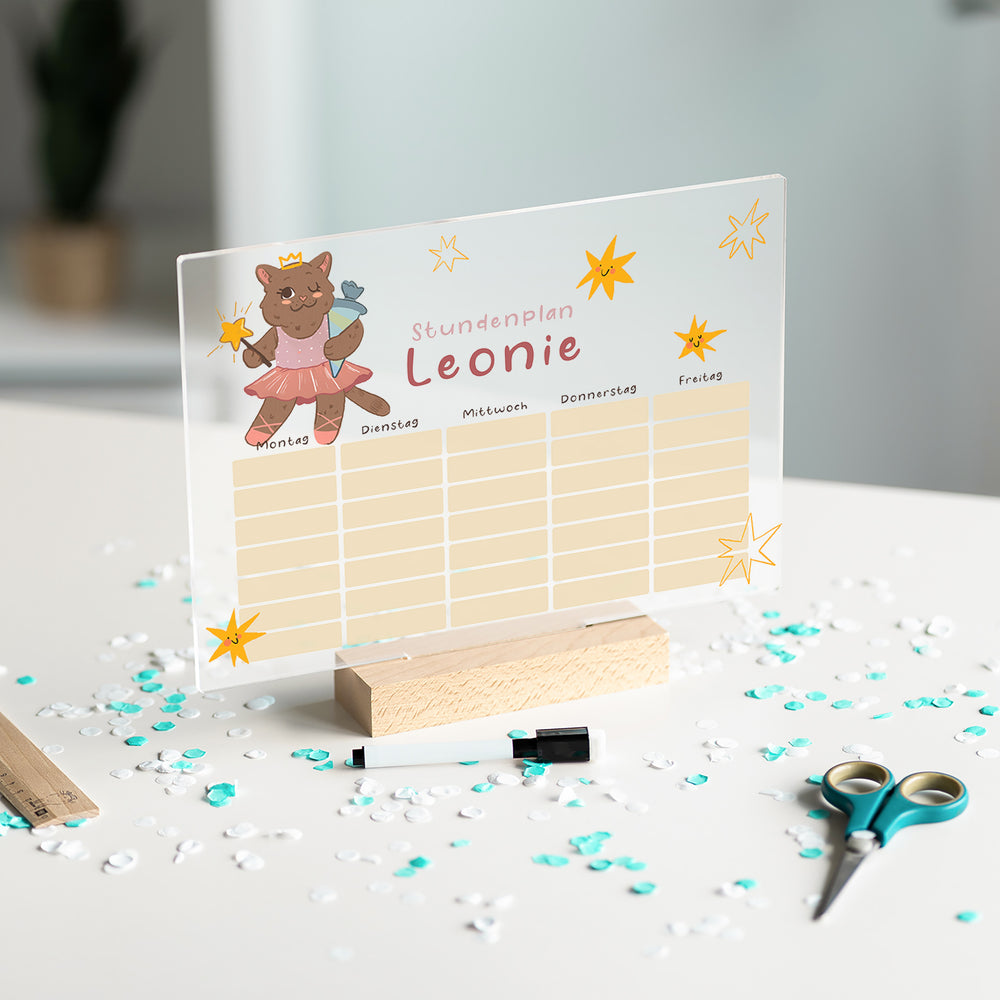Personalisierter Stundenplan aus Acryl mit Namen – Katzen Ballerina Prinzessin - Muckelmeister