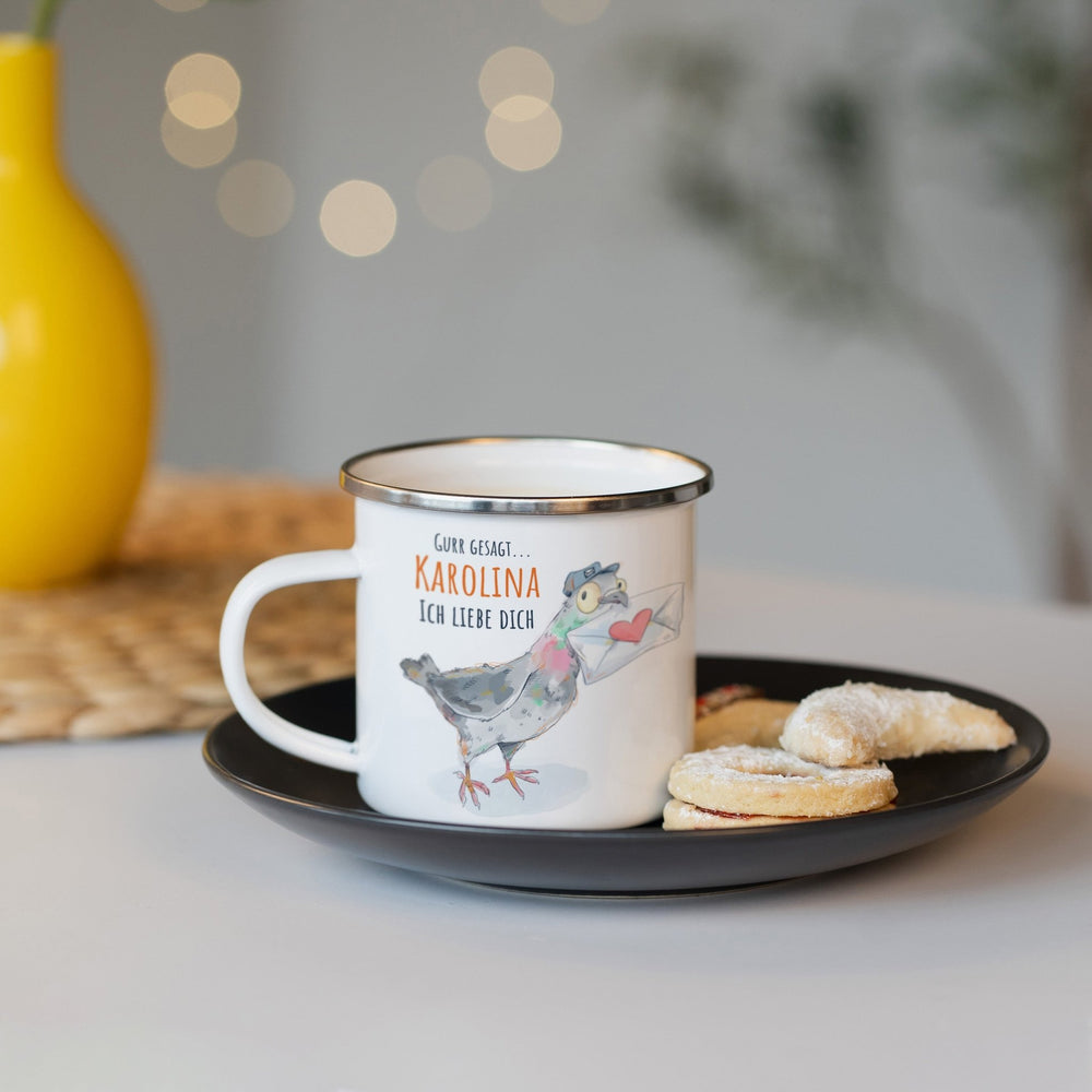 Personalisierte Emaille Tasse - Valentinstags Post Taube - Muckelmeister