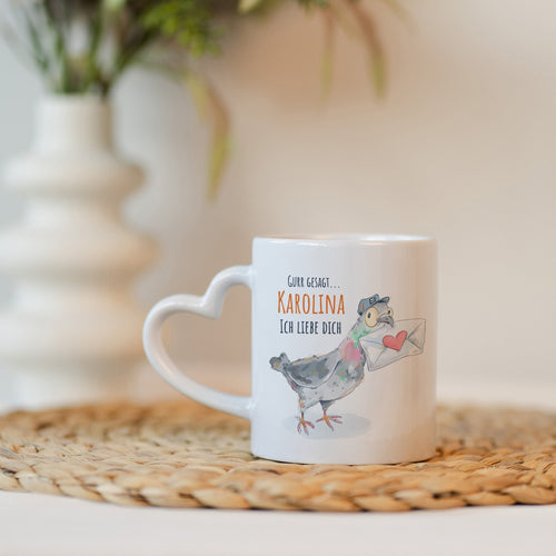 Personalisierte Tasse mit Herzhenkel- Valentinstags Post Taube