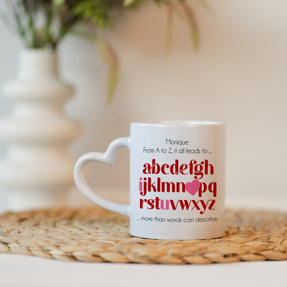 Personalisierte Tasse mit Herzhenkel- ABC 
