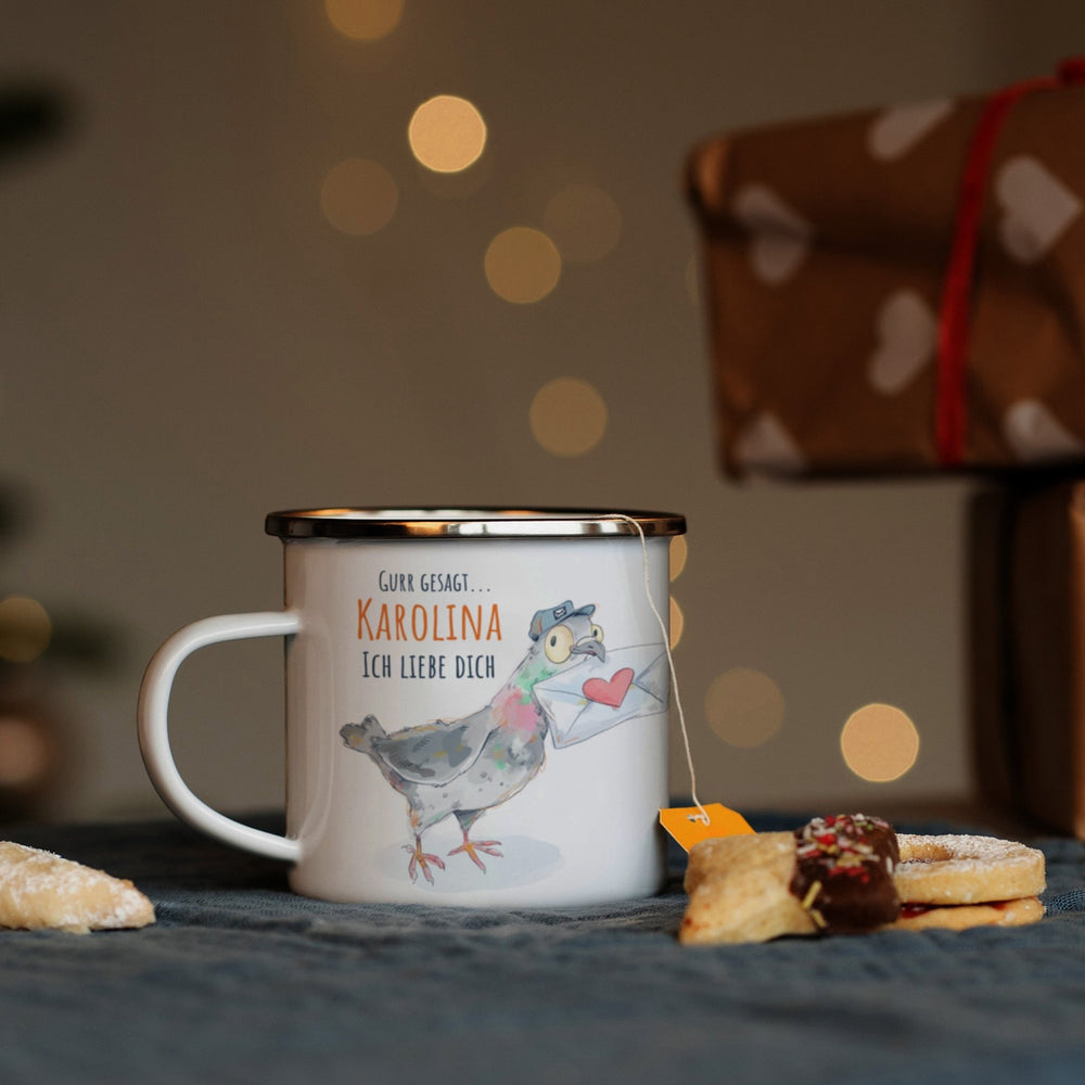 Personalisierte Emaille Tasse - Valentinstags Post Taube - Muckelmeister