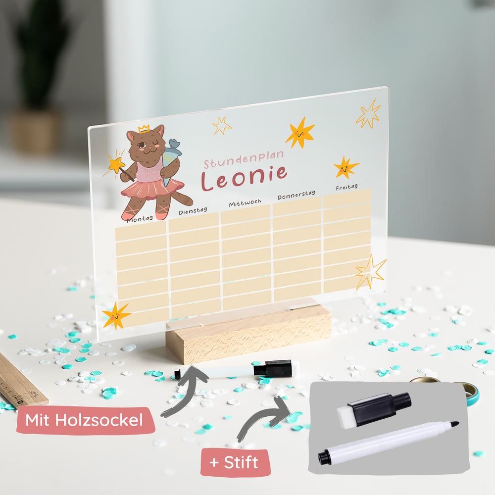 Personalisierter Stundenplan aus Acryl mit Namen – Katzen Ballerina Prinzessin - Muckelmeister