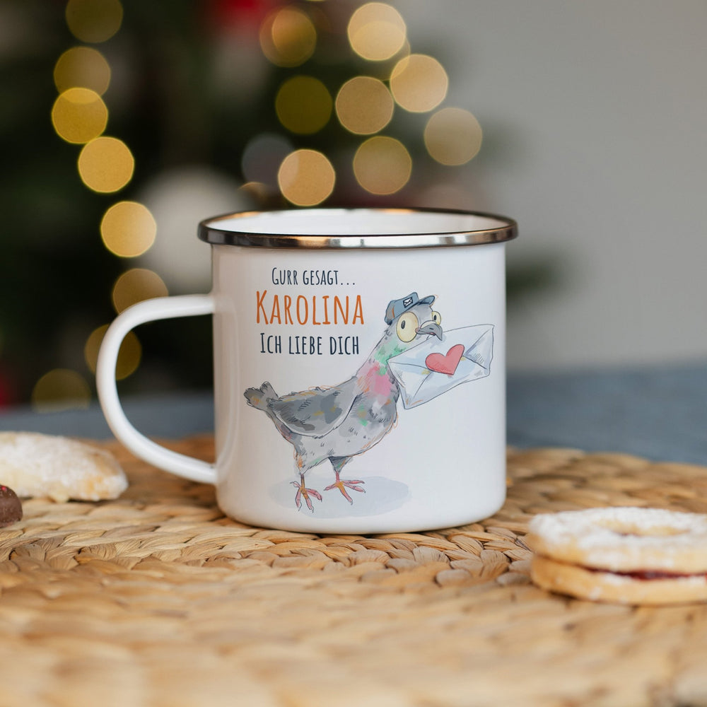Personalisierte Emaille Tasse - Valentinstags Post Taube - Muckelmeister