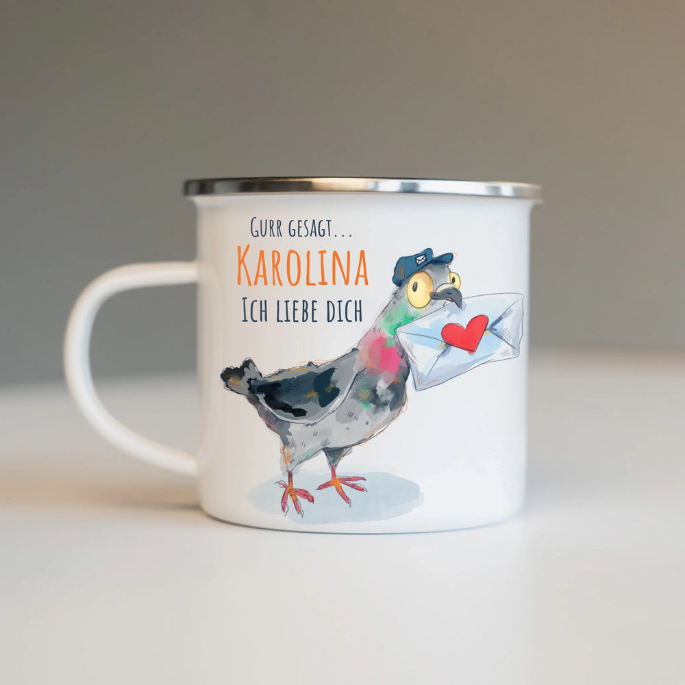Personalisierte Emaille Tasse - Valentinstags Post Taube - Muckelmeister