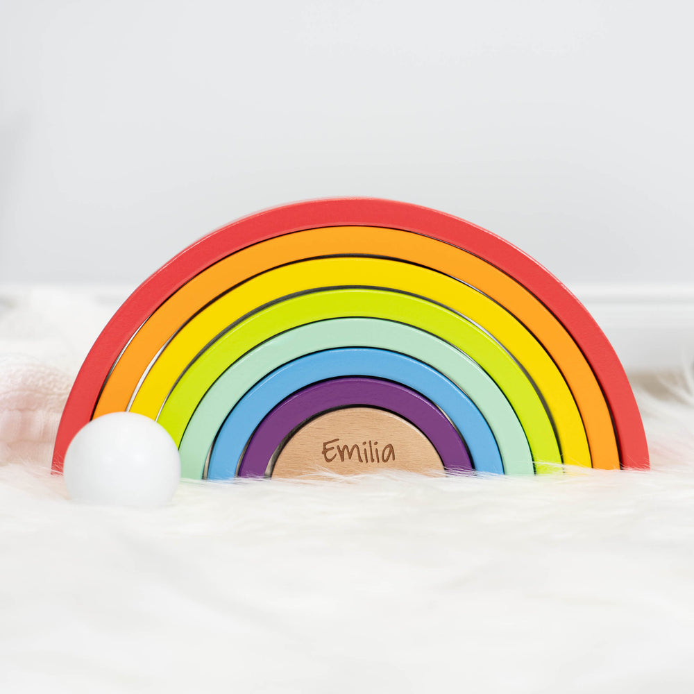 Montessori Spielzeug - Regenbogen Holzbausteine mit Kugel - Muckelmeister