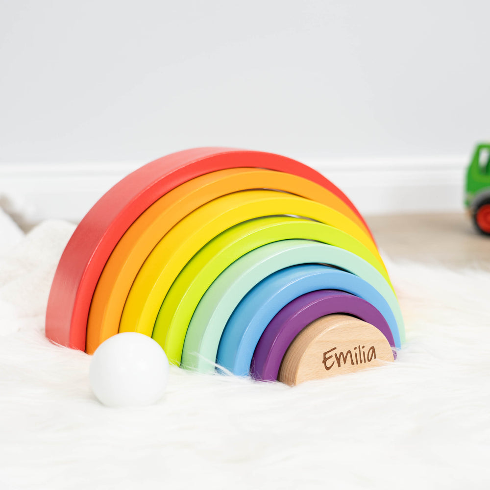 Montessori Spielzeug - Regenbogen Holzbausteine mit Kugel - Muckelmeister