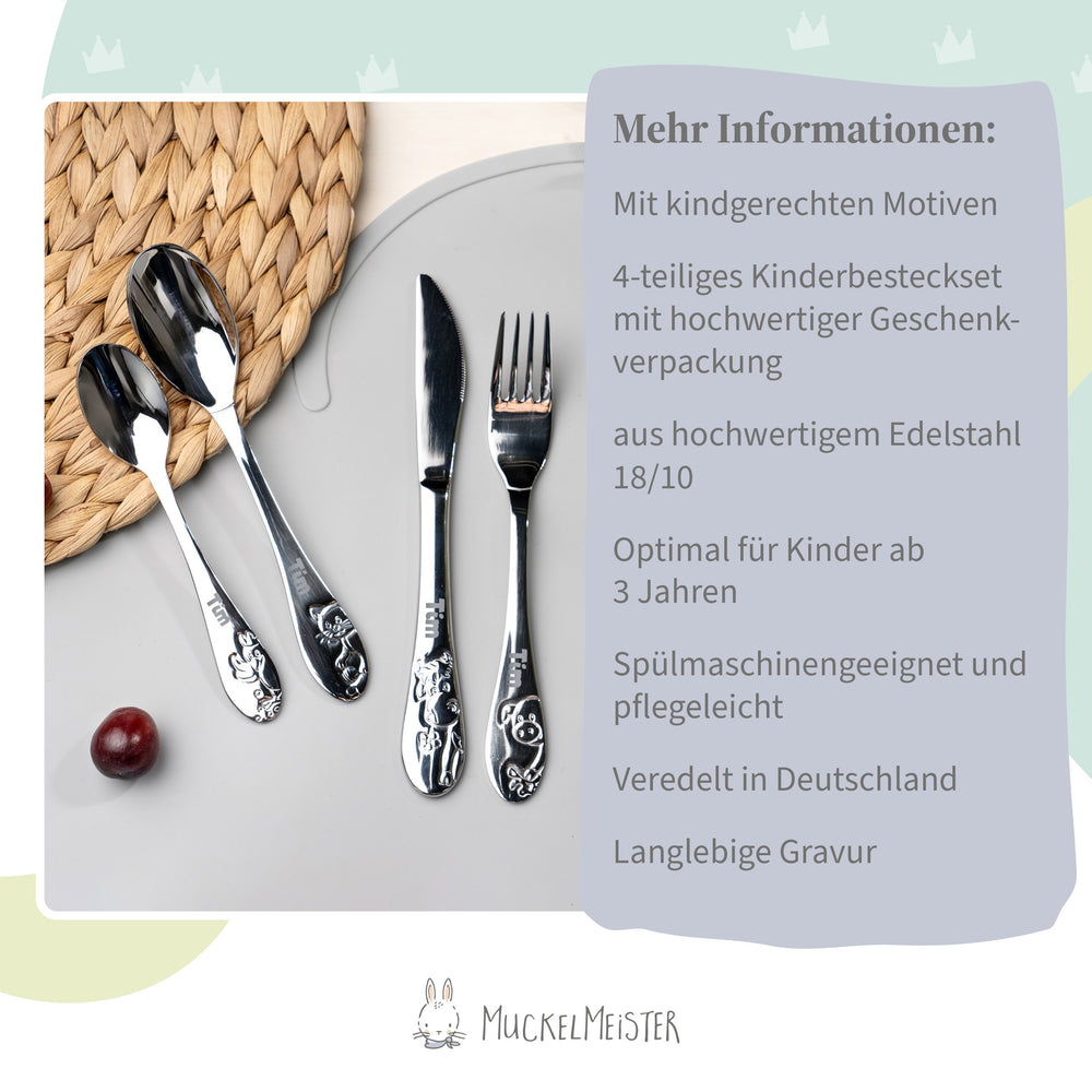Kuppels Kinderbesteck mit Gravur: 4 Tiermotive, 7+ Schriften!