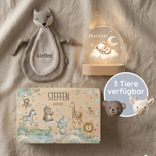 Personalisiertes Set zur Geburt - Erinnerungsbox, Nachtlicht, Schmusetuch