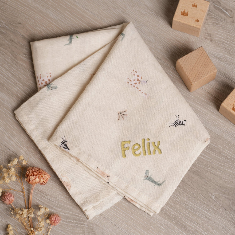Mulltuch Baby personalisiert | Jungle Jambo mit Namen | Stick - Muckelmeister
