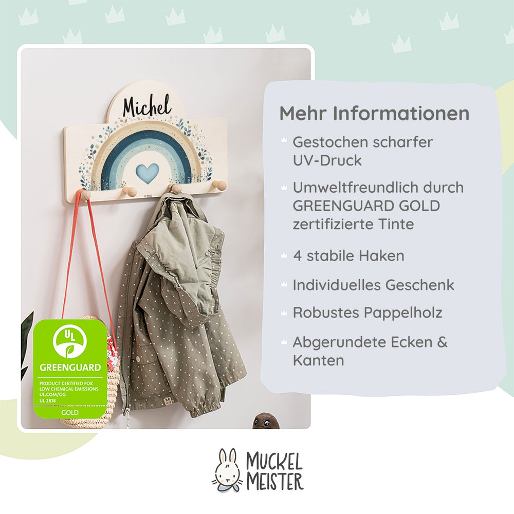 Kindergarderobe Personalisiert - Regenbogen blau - Muckelmeister