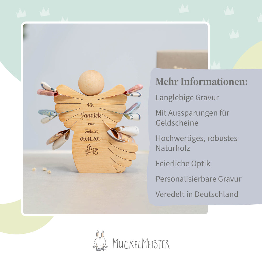 Geldscheinengel mit Gravur zur Geburt - Muckelmeister