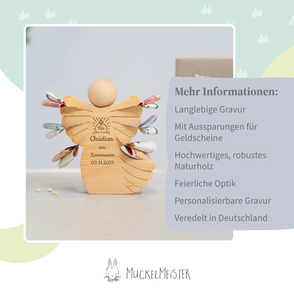 Geldscheinengel mit Gravur zur Kommunion - Muckelmeister