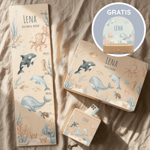 Personalisiertes Geschenkset Unterwasser – Messlatte, Erinnerungsbox, Spardose & Nachtlicht