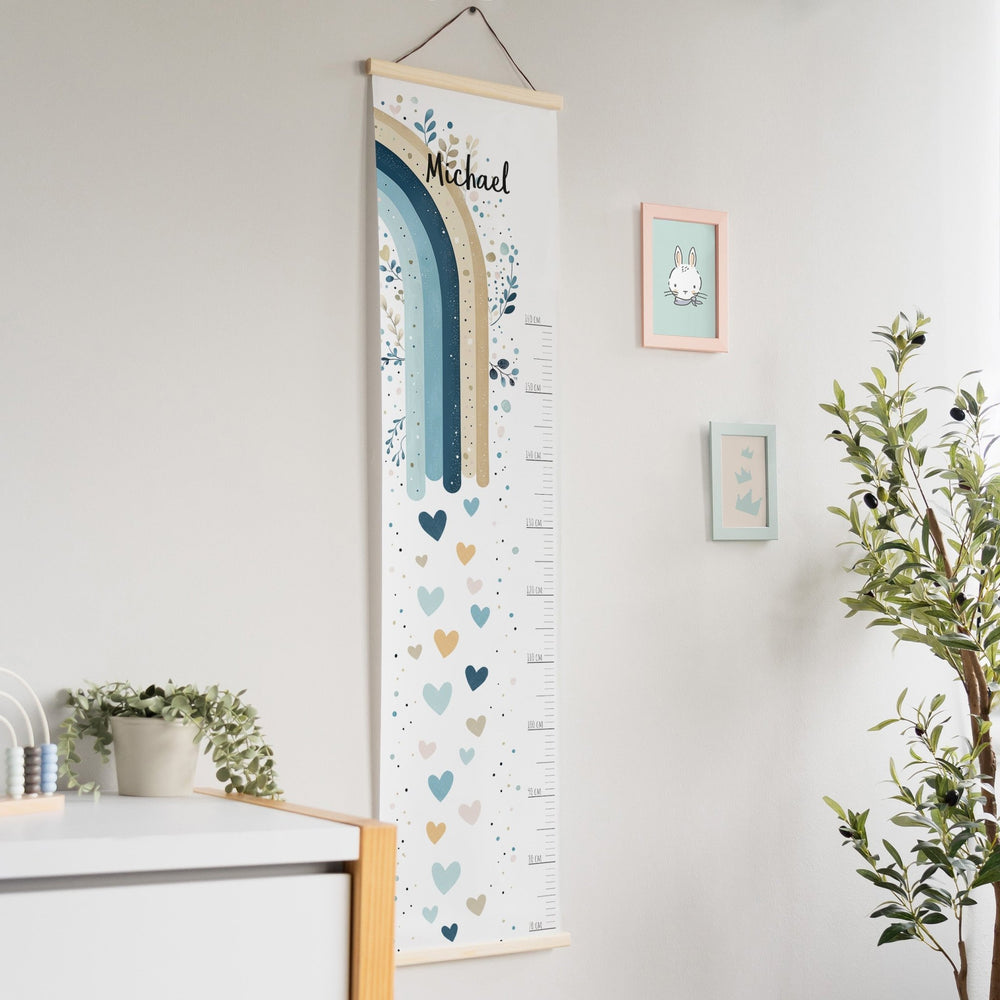 Personalisierte Kindermesslatte aus Stoff - Regenbogen Boho Blau - Muckelmeister