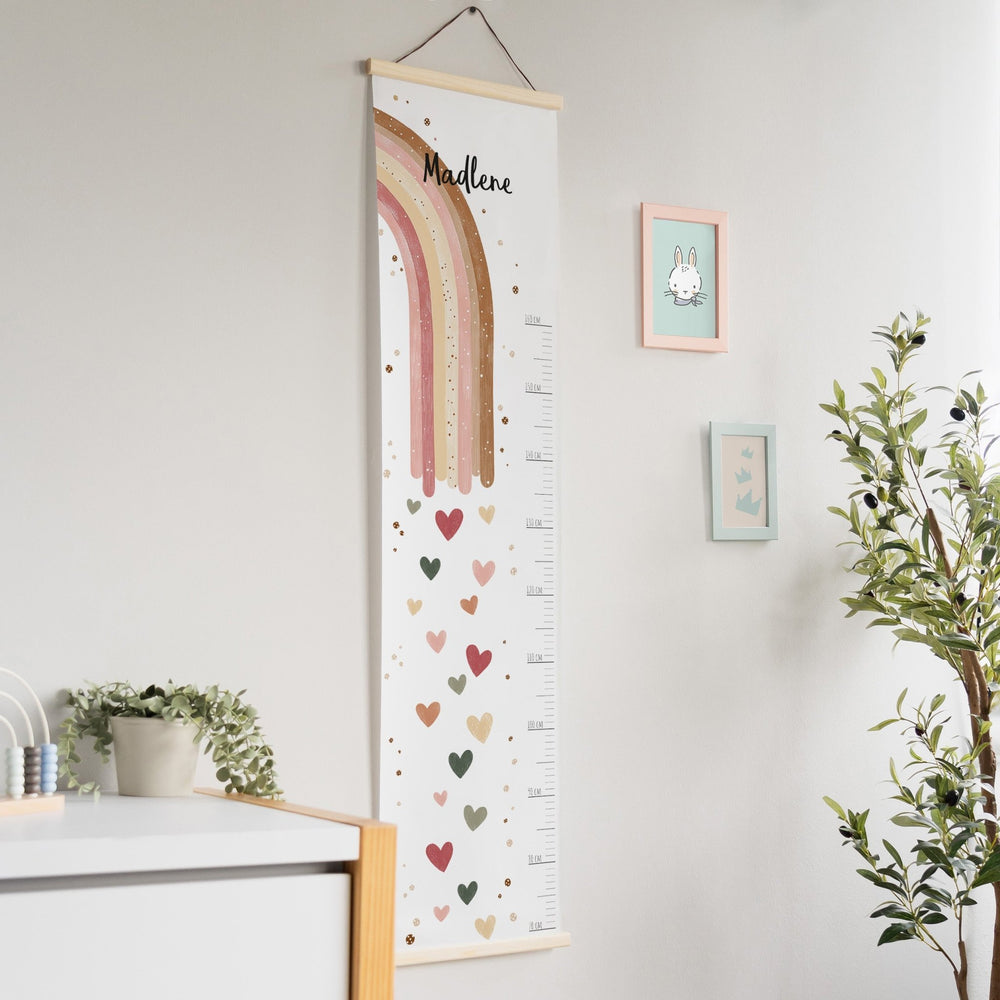 Personalisierte Kindermesslatte aus Stoff - Regenbogen Boho Rosa - Muckelmeister