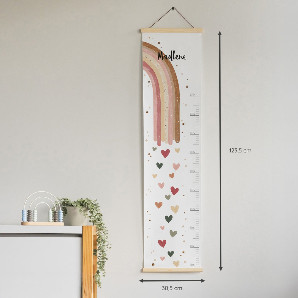 Personalisierte Kindermesslatte aus Stoff - Regenbogen Boho Rosa - Muckelmeister
