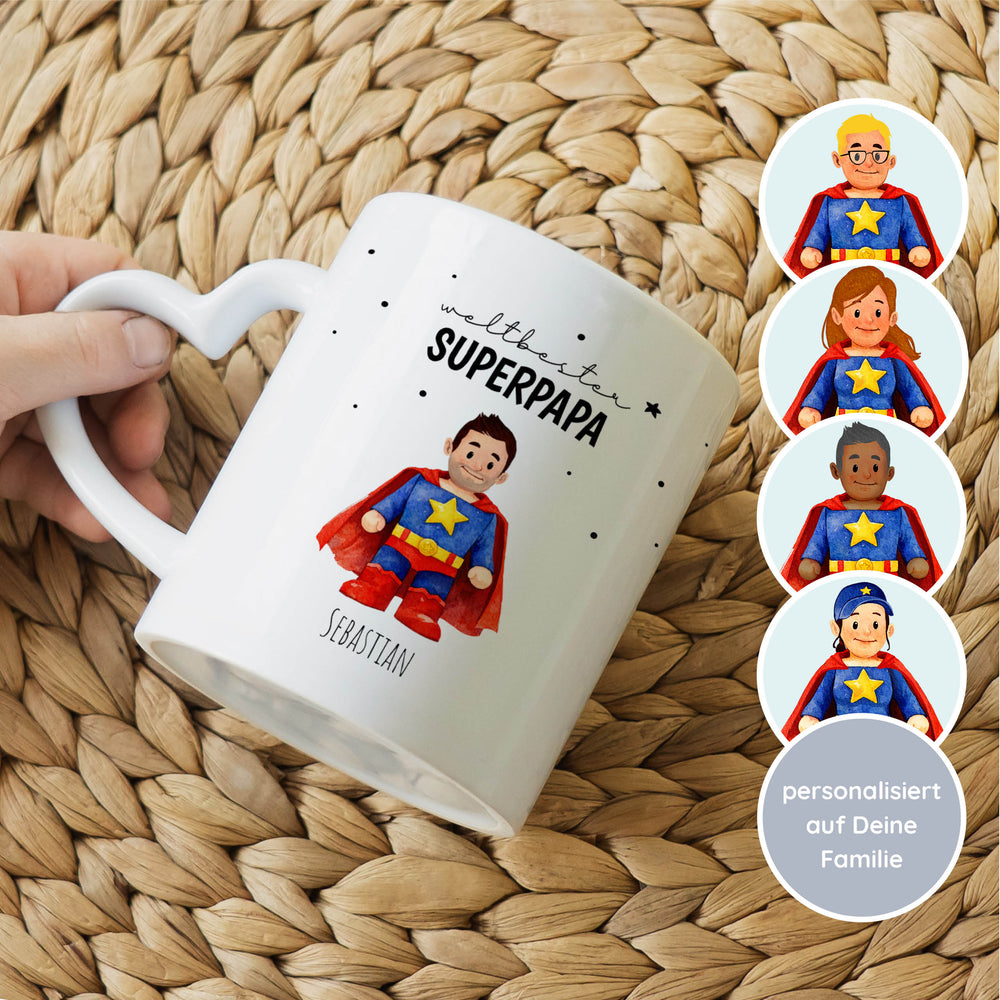 Personalisierte Tasse mit Herzhenkel- Supermama Superpapa - Muckelmeister