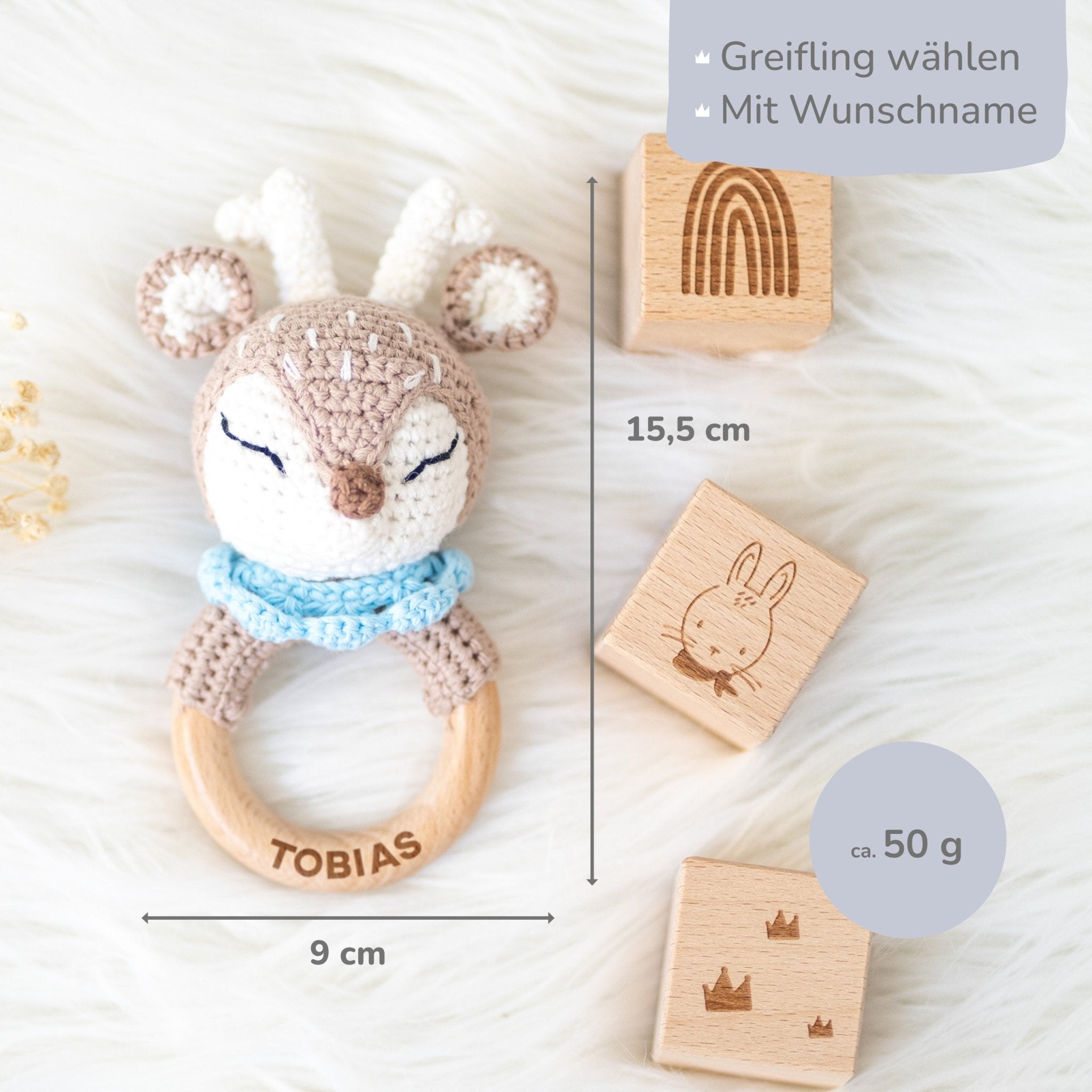 Greifling Baby mit Namen - Reh blau