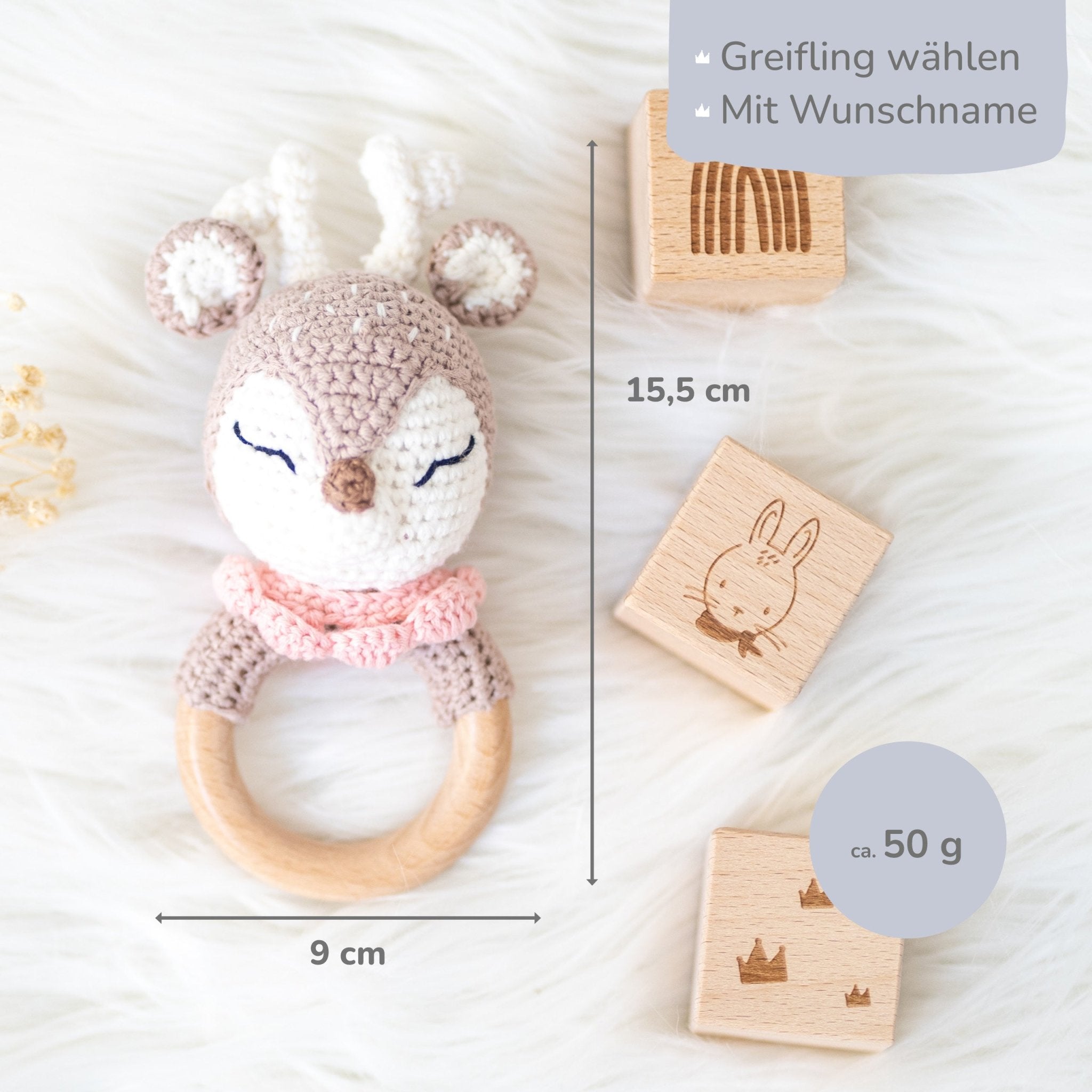 Greifling Baby mit Namen - Reh rosa