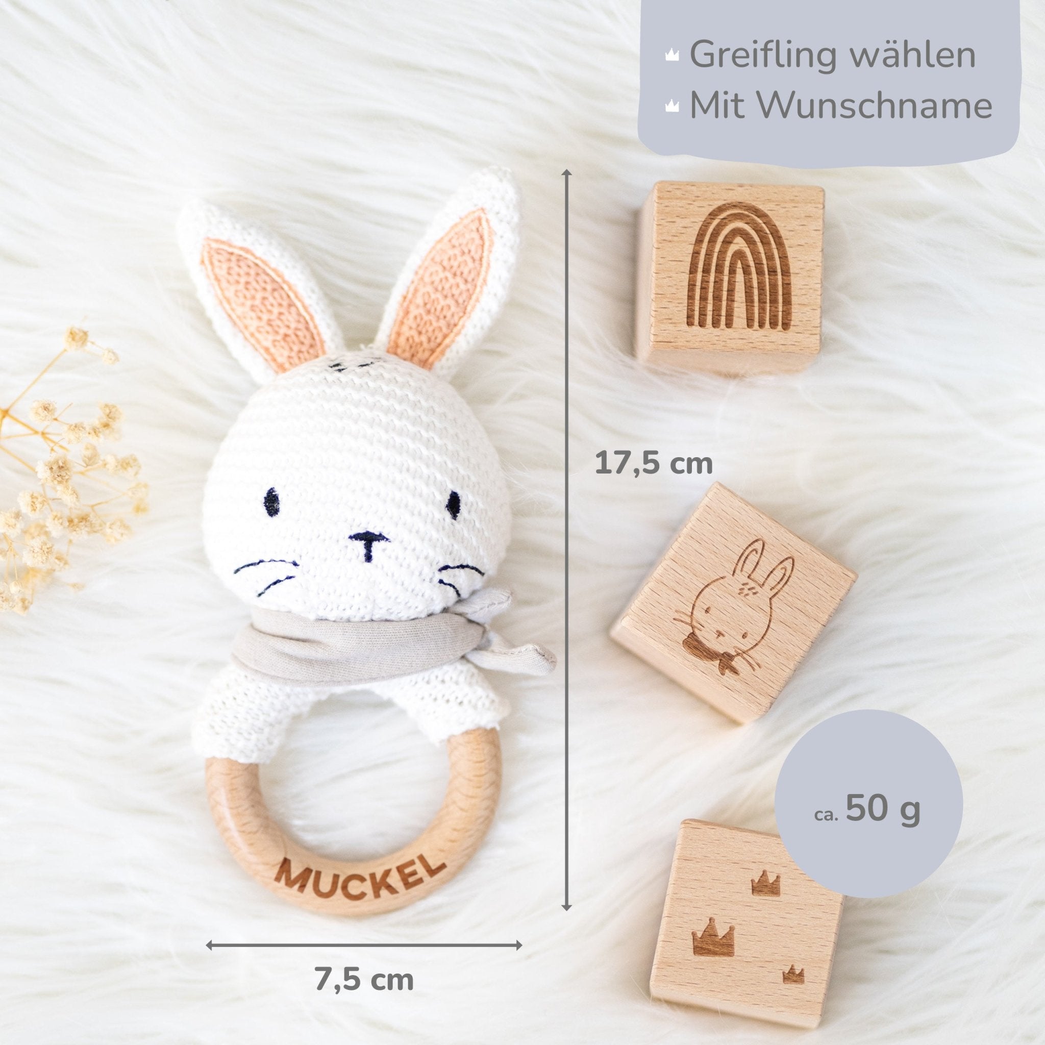 Greifling Baby mit Namen - Muckelmeister Hase