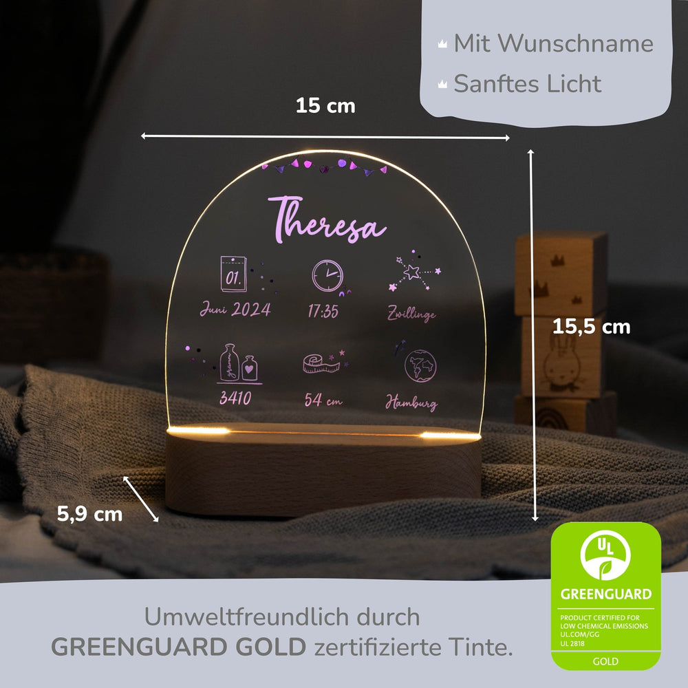 LED Nachtlicht Kinder personalisiert - Geburtsdaten rosa - Muckelmeister