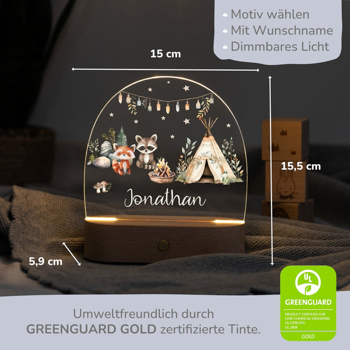 LED Nachtlicht Kinder personalisiert - Lagerfeuer Tiere