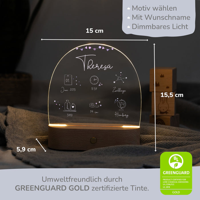 LED Nachtlicht Kinder personalisiert - Geburtsdaten rosa