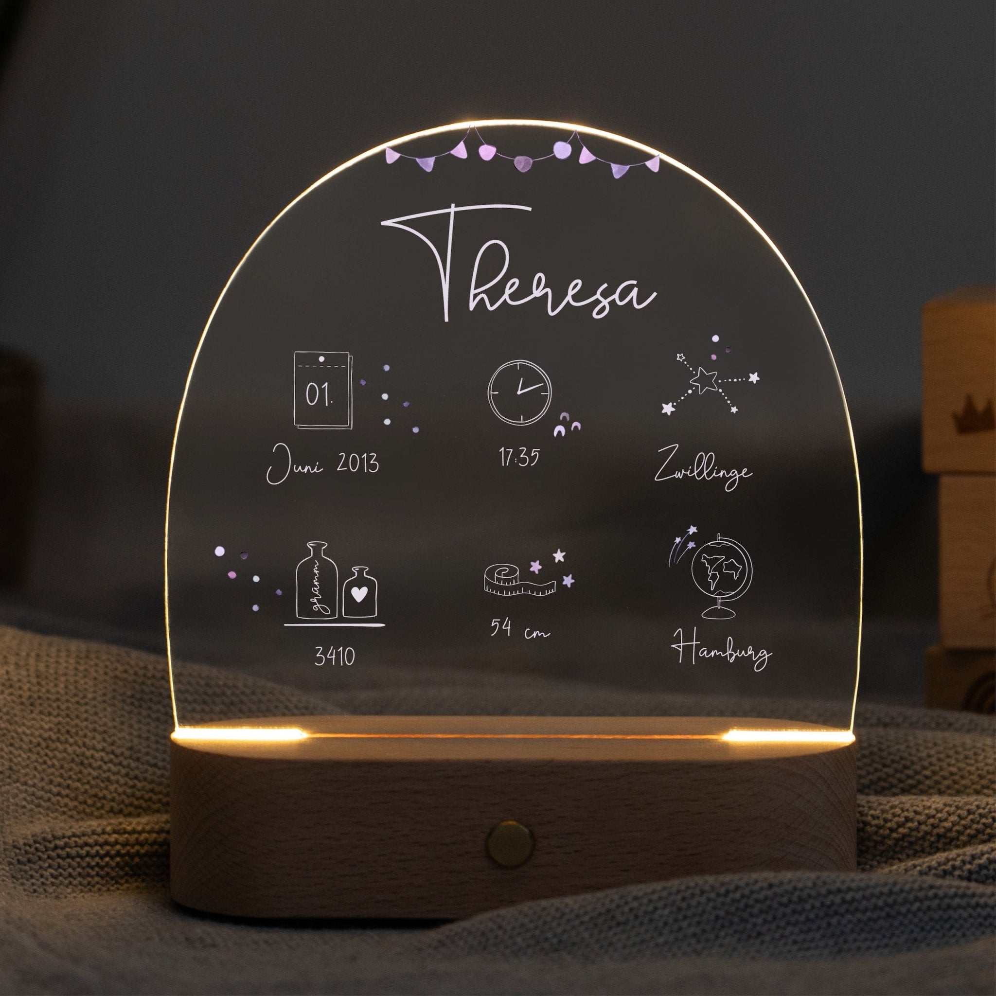 LED Nachtlicht Kinder personalisiert - Geburtsdaten rosa