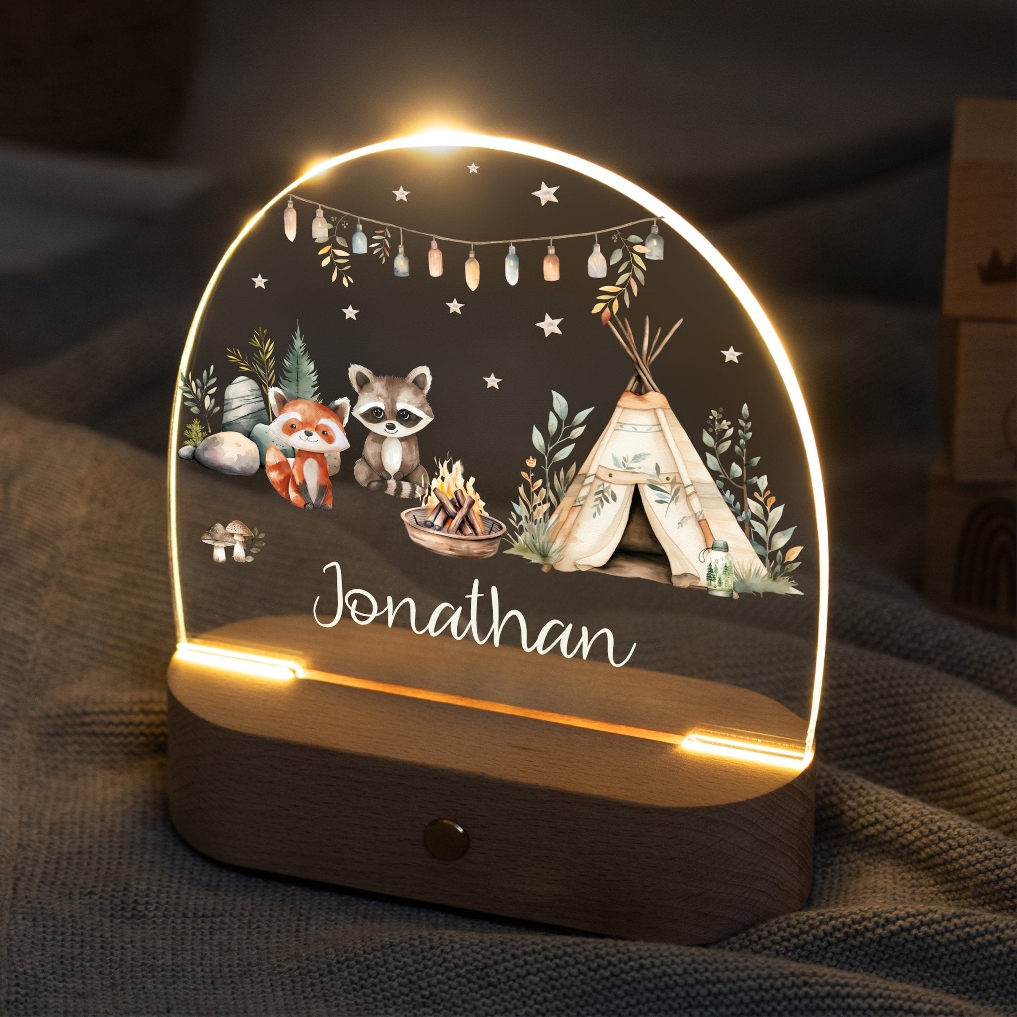 LED Nachtlicht Kinder personalisiert - Lagerfeuer Tiere