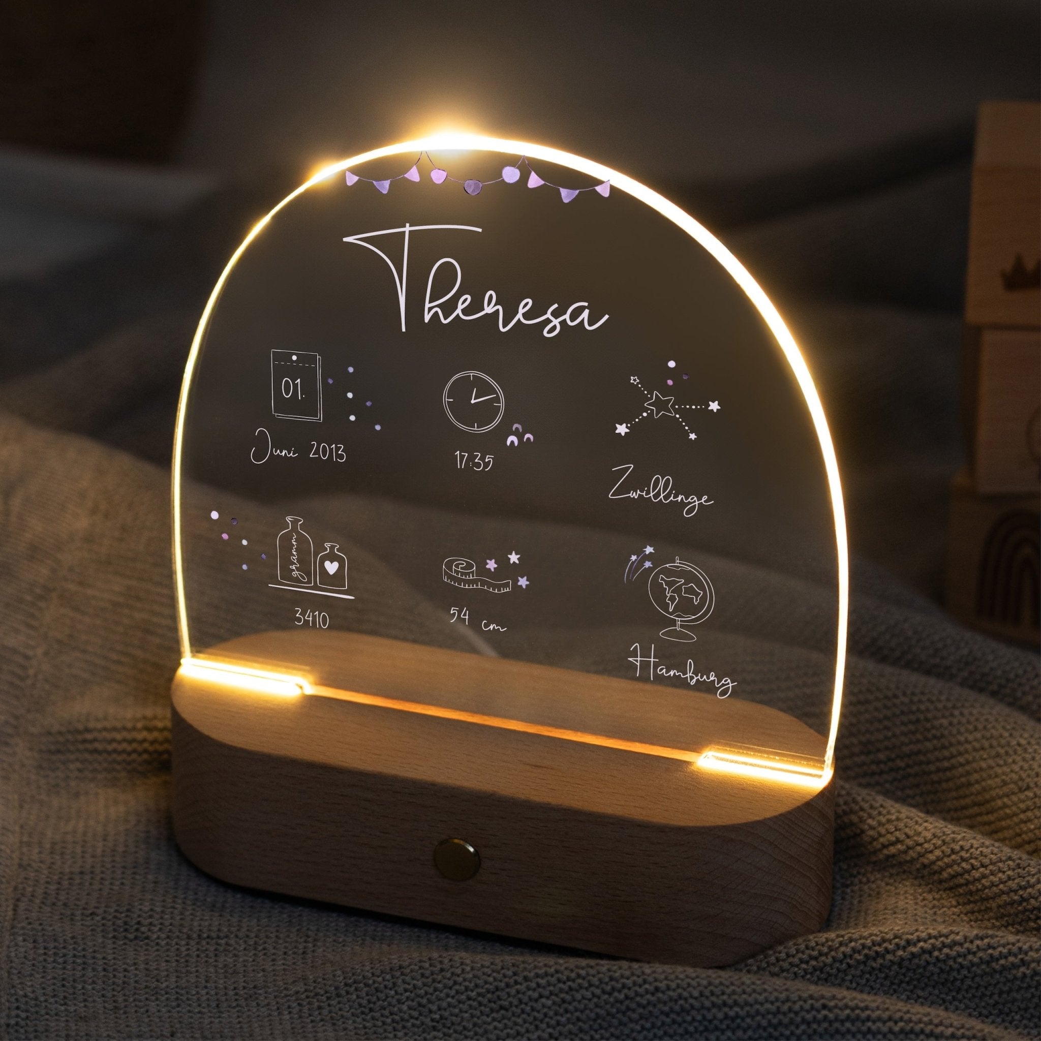 LED Nachtlicht Kinder personalisiert - Geburtsdaten rosa