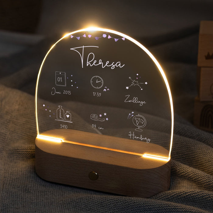 LED Nachtlicht Kinder personalisiert - Geburtsdaten rosa