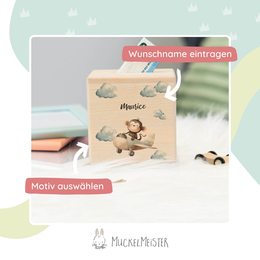 Spardose Personalisiert Affe im Flugzeug - Muckelmeister