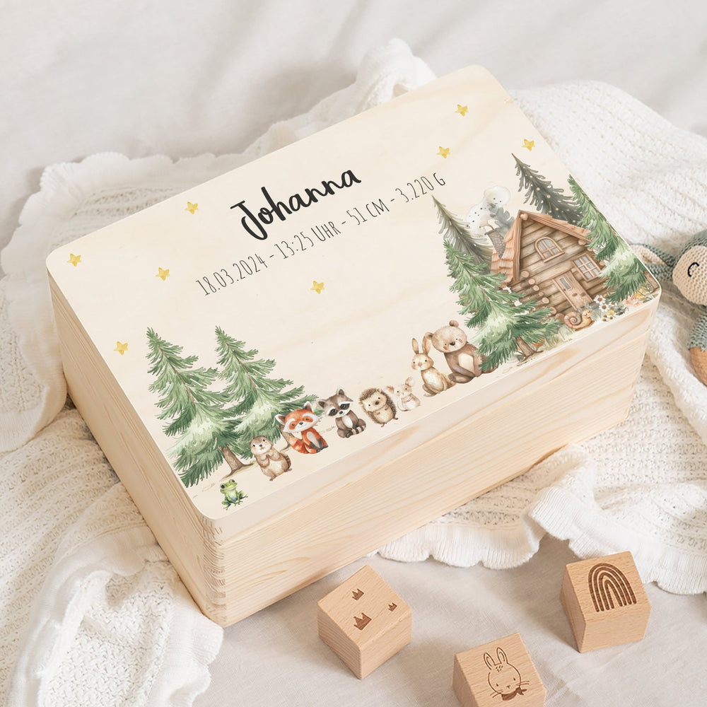 Erinnerungsbox Waldtiere Haus mit Wunschtext - Muckelmeister
