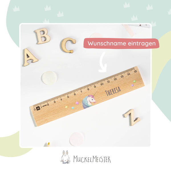 Holzlineal mit Namen zur Einschulung - Motiv Einhorn