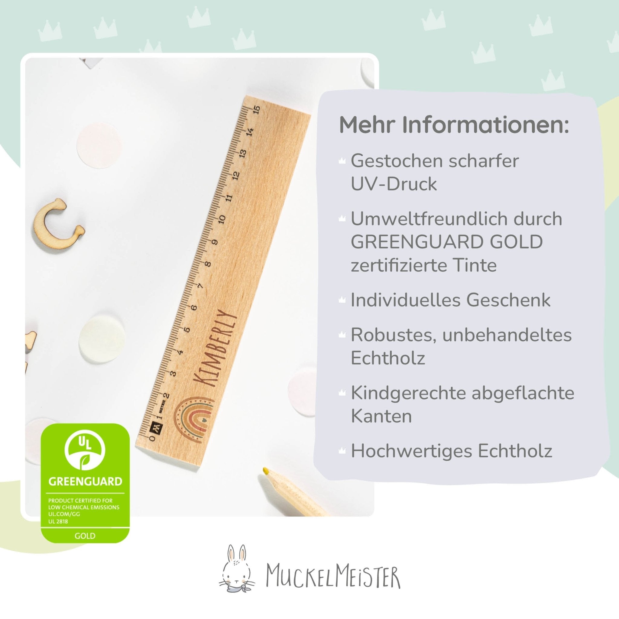 Holzlineal mit Namen zur Einschulung - Motiv Regenbogen