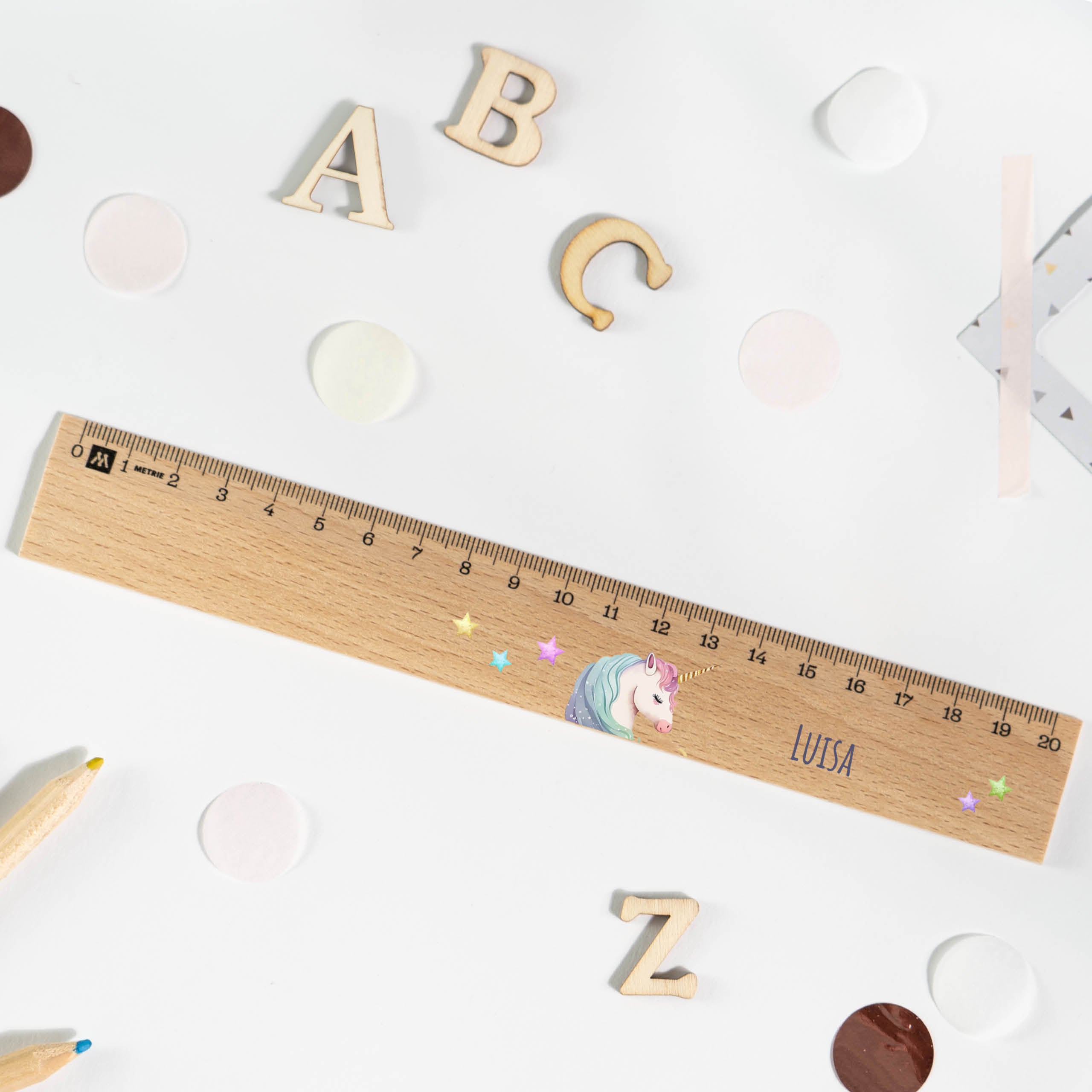 Holzlineal mit Namen zur Einschulung - Motiv Einhorn