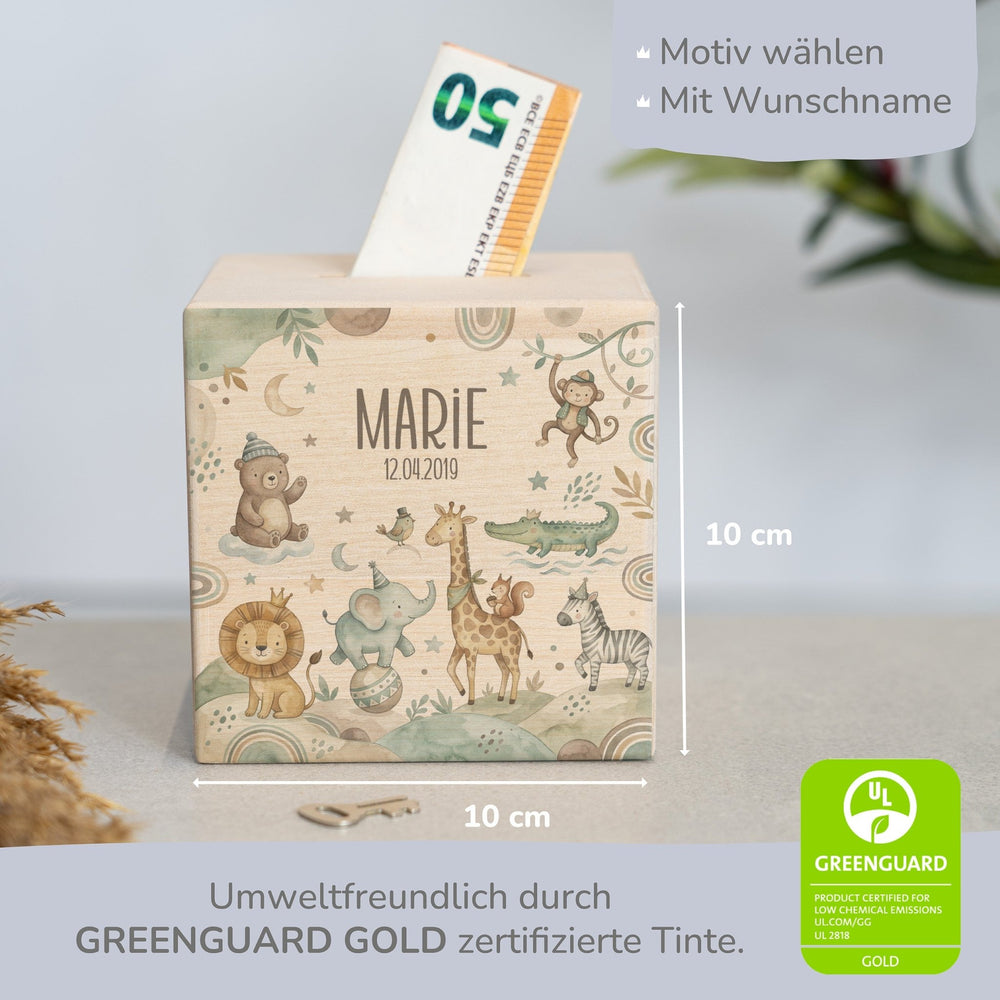 Personalisierte Spardose Holz – Magischer Zoo mit Namen