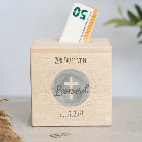 Spardose Personalisiert - Taufe Kreuz