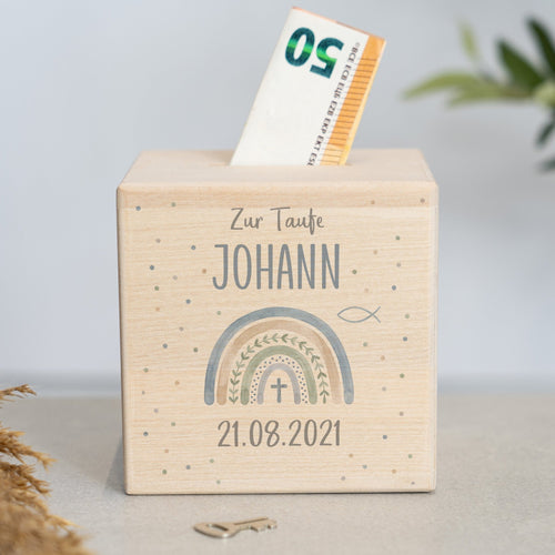 Spardose Personalisiert - Taufe Regenbogen Pastell