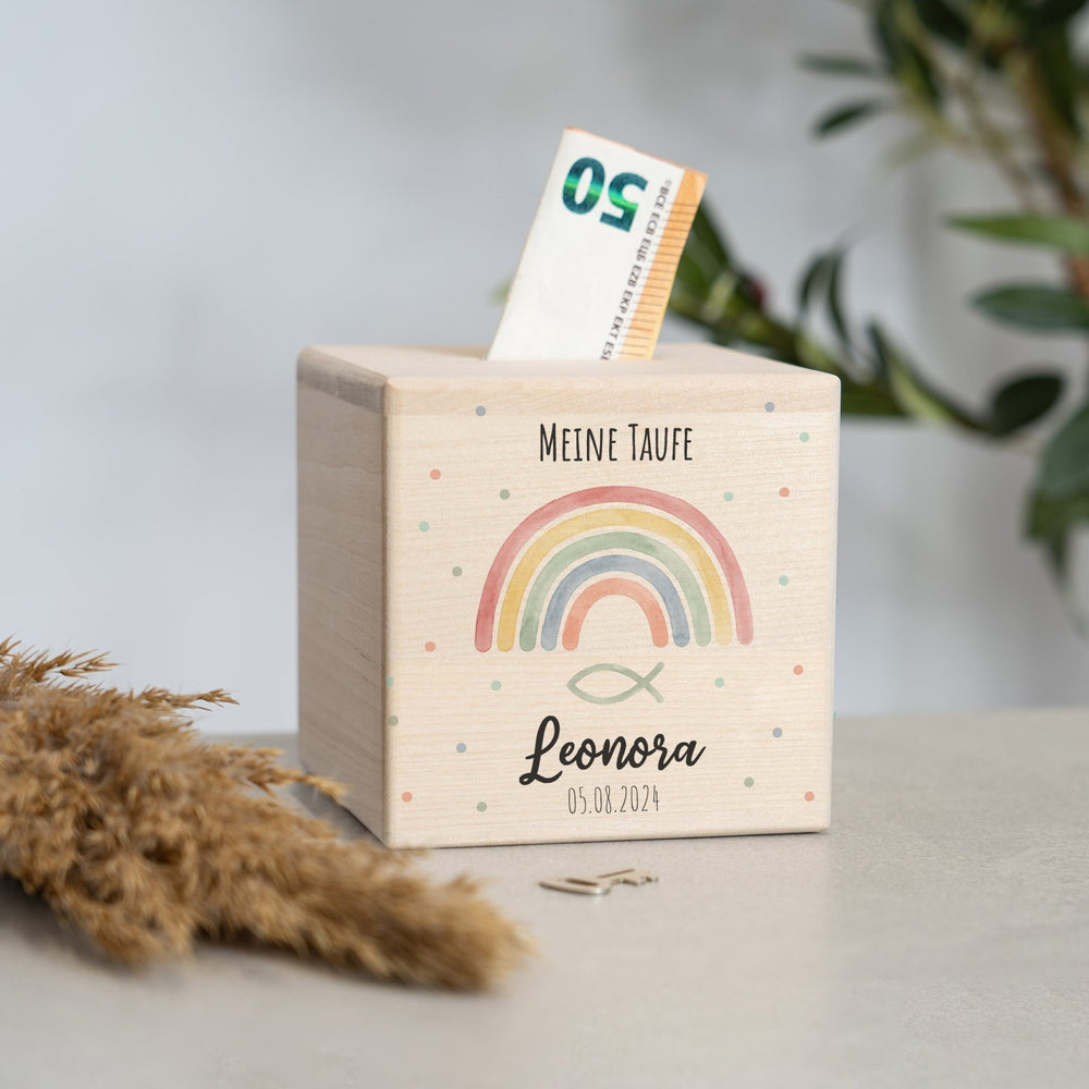 Spardose Personalisiert - Taufe Regenbogen - Muckelmeister