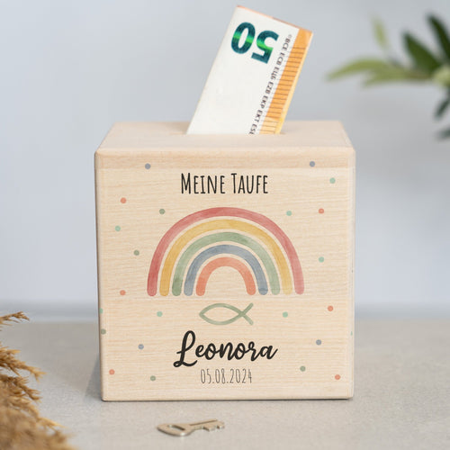 Spardose Personalisiert - Taufe Regenbogen
